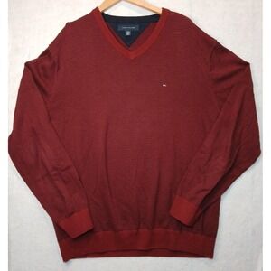Tommy Hilfiger‎ V-Neck Sweater Mens XXL Burgundy Maroon Striped Preppy Academia